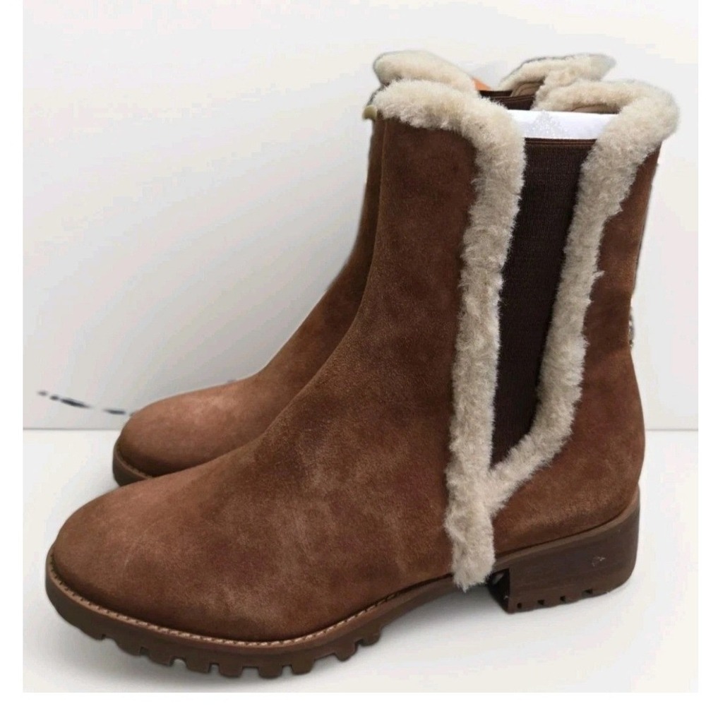 Talbots Tish Shearling Cognac Brown Suede Lug Sole Chelsea Boots 9M 224041865-M